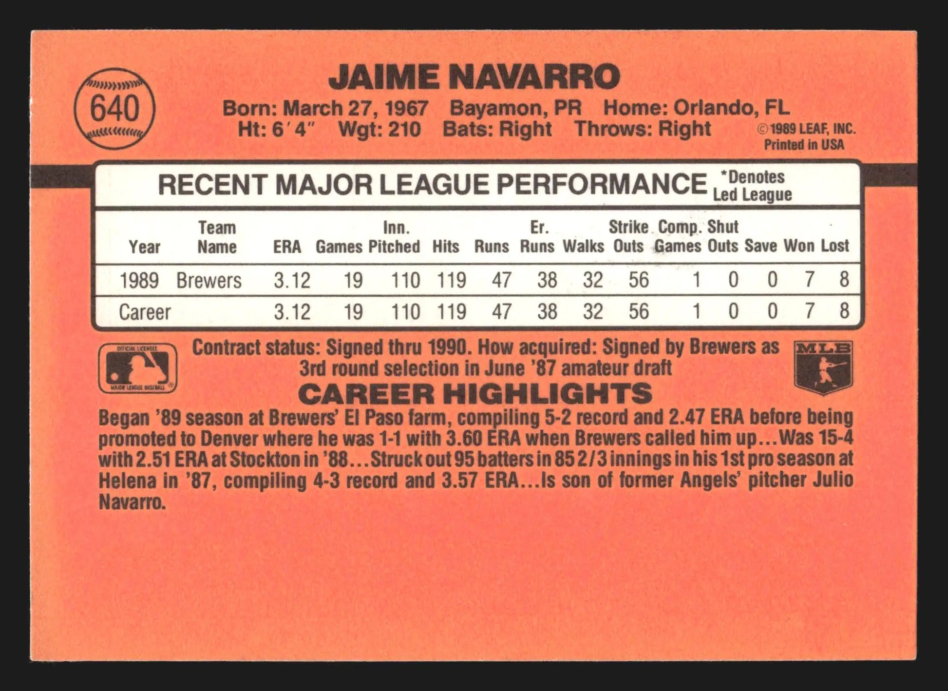 1990 Donruss Jaime Navarro #640 Milwaukee Brewers - Baseball Card Single