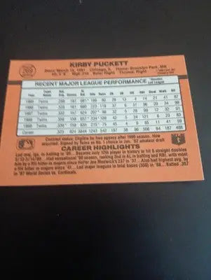 1990 Donruss - Kirby Puckett #269. Twins. NRMT+ - Baseball Card Single