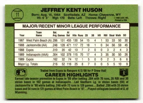 Baseball card back showcasing 1990 Donruss The Rookies Jeff Huson NRMT-MT with original gloss