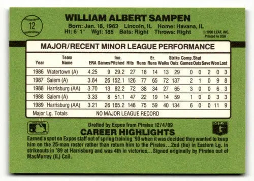 Baseball card back with original gloss from 1990 Donruss The Rookies Bill Sampen NrMt-Mt
