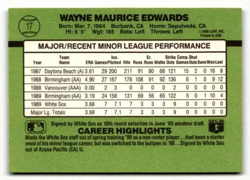 Original gloss Wayne Edwards baseball card back from 1990 Donruss The Rookies NrMt-Mt