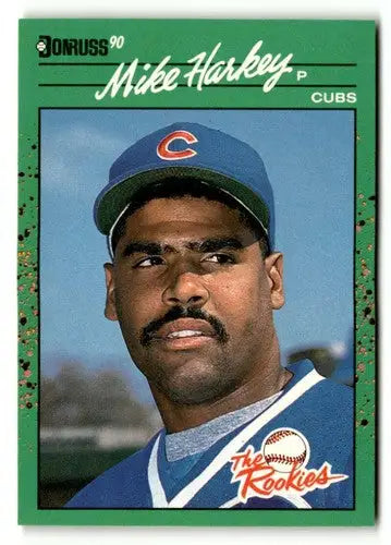 Original gloss Mike Harkey baseball card from 1990 Donruss The Rookies series