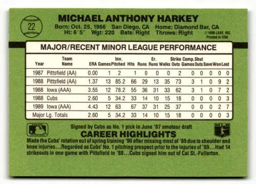 Original gloss on Mike Harkey baseball card back from 1990 Donruss The Rookies