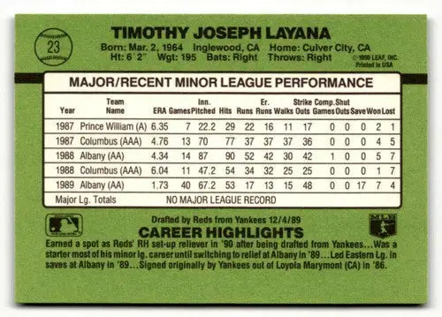 Back of 1990 Donruss The Rookies Tim Layana baseball card with original gloss