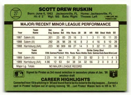 1990 Donruss The Rookies #27 Scott Ruskin NrMt-Mt ID:50870 - Baseball Card Single