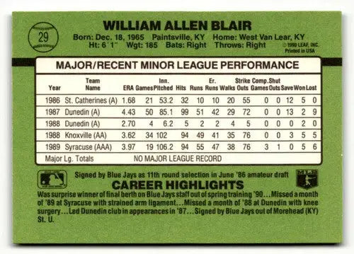 William Allen Blair baseball card from 1990 Donruss The Rookies with original gloss and Willie Blair NrMt-Mt status