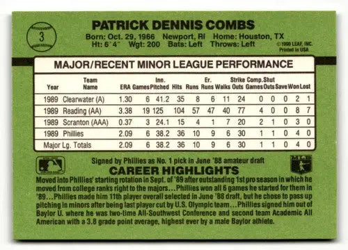 Patrick Dennis Combs baseball card back with original gloss from 1990 Donruss The Rookies