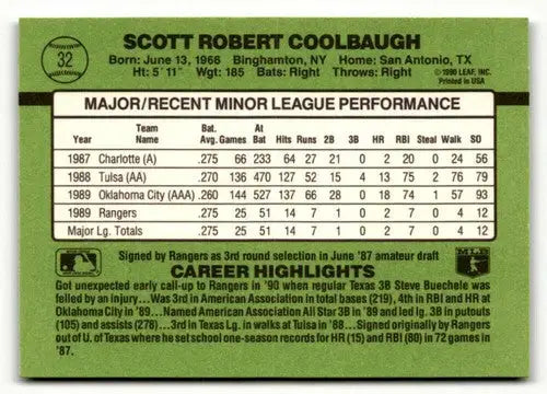 Baseball card back featuring original gloss of Scott Coolbaugh from 1990 Donruss The Rookies