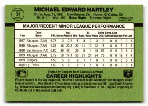 Original gloss Baseball card back featuring Mike Hartley from 1990 Donruss The Rookies #34