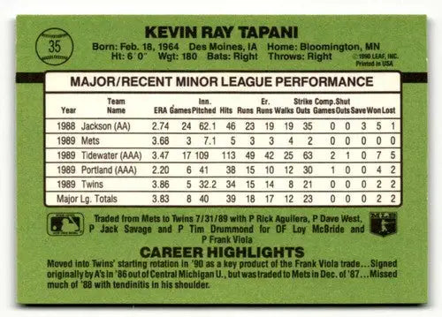Back of 1990 Donruss Kevin Tapani baseball card with original gloss Kevin Tapani NrMt-Mt