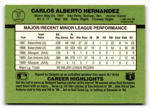 Original gloss Carlos Hernandez baseball card back from 1990 Donruss The Rookies NRMT-MT