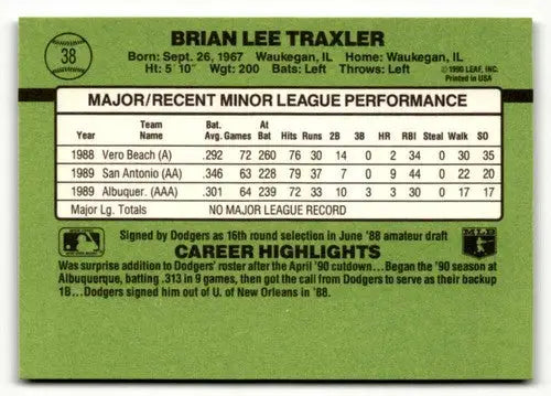 Baseball card back of Brian Traxler from 1990 Donruss The Rookies with original gloss