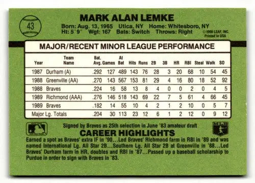 Original gloss 1990 Donruss Mark Lemke baseball card featuring Mark Alan Lemke