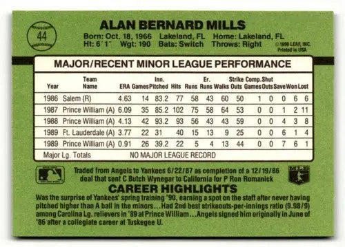 Baseball card back featuring Alan Mills from 1990 Donruss The Rookies with original gloss