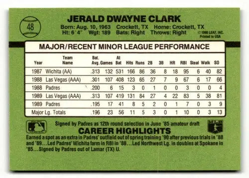 Baseball card back showing Jerald Clark with original gloss from 1990 Donruss The Rookies #48