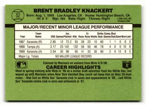1990 Donruss The Rookies Brent Knackert baseball card back with original gloss