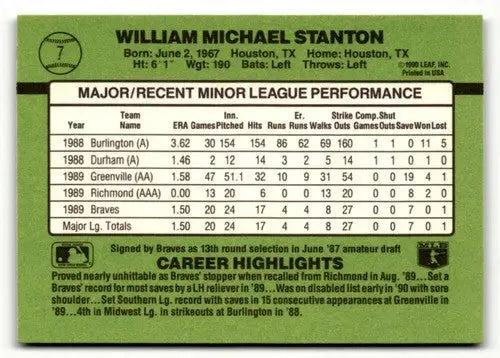 Baseball card back featuring Mike Stanton with original gloss in 1990 Donruss The Rookies