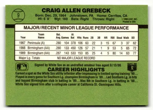 Craig Grebeck baseball card with original gloss from 1990 Donruss The Rookies