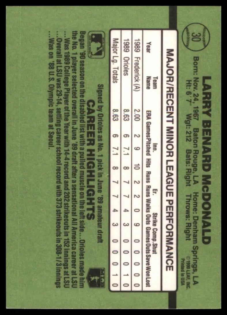 1990 Donruss The Rookies Ben McDonald 30 Baltimore Orioles NM - Baseball Card Single