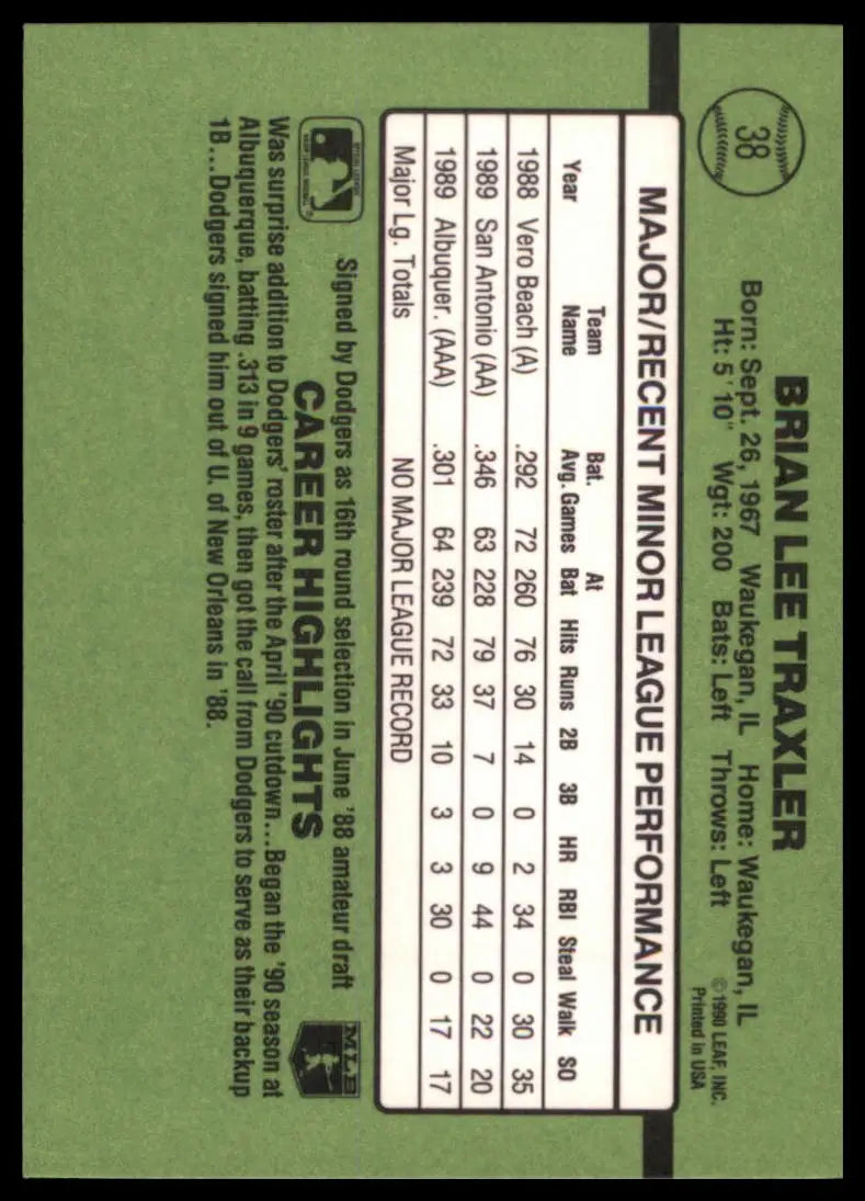 1990 Donruss The Rookies Brian Traxler 38 Los Angeles Dodgers NM - Baseball Card Single