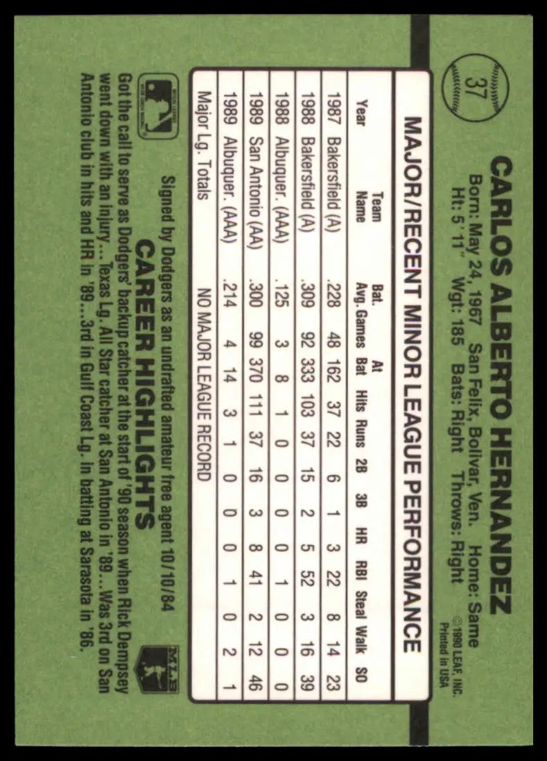 1990 Donruss The Rookies Carlos Hernandez 37 Los Angeles Dodgers NM - Baseball Card Single