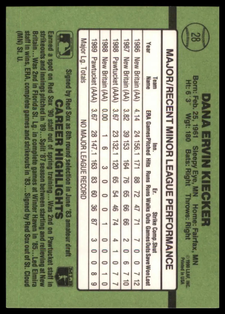 1990 Donruss The Rookies Dana Kiecker 28 Boston Red Sox NM - Baseball Card Single
