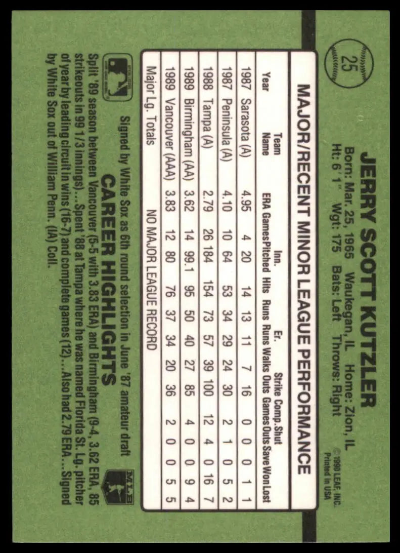 1990 Donruss The Rookies Jerry Kutzler 25 Chicago White Sox NM - Baseball Card Single