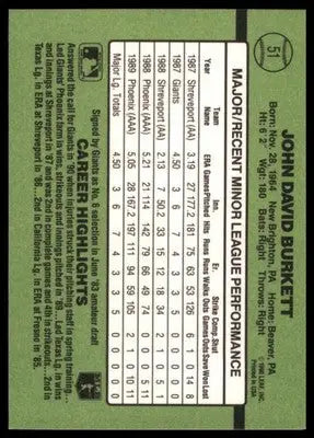 1990 Donruss The Rookies John Burkett 51 San Francisco Giants NM - Baseball Card Single