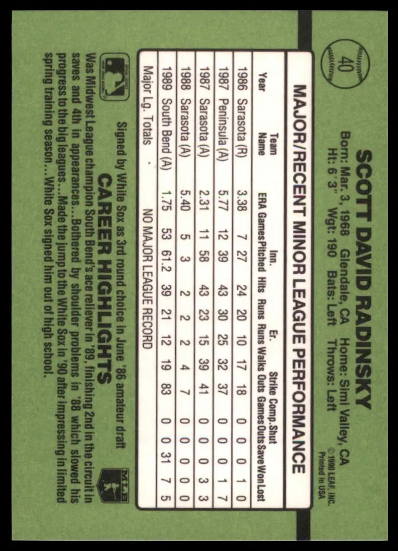 1990 Donruss The Rookies Scott Radinsky 40 Chicago White Sox NM - Baseball Card Single