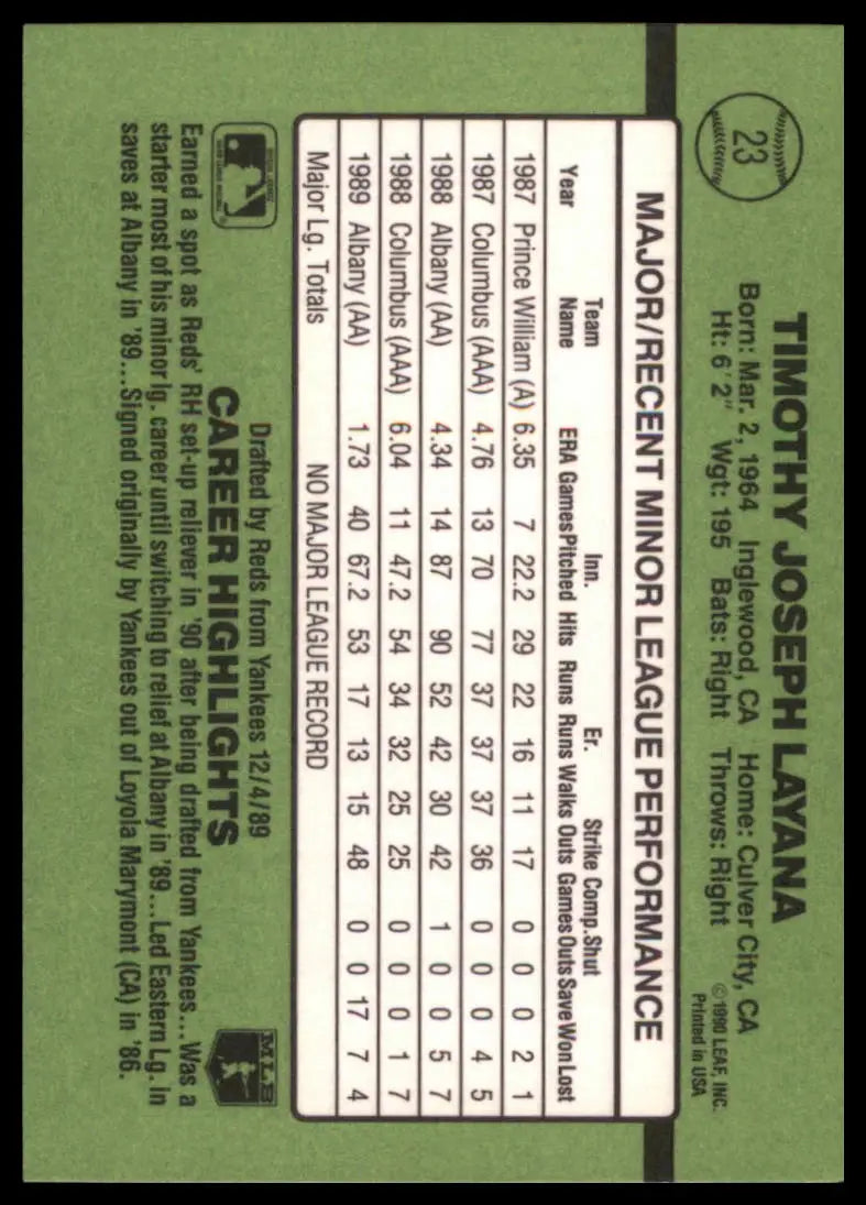 1990 Donruss The Rookies Tim Layana 23 Cincinnati Reds NM - Baseball Card Single