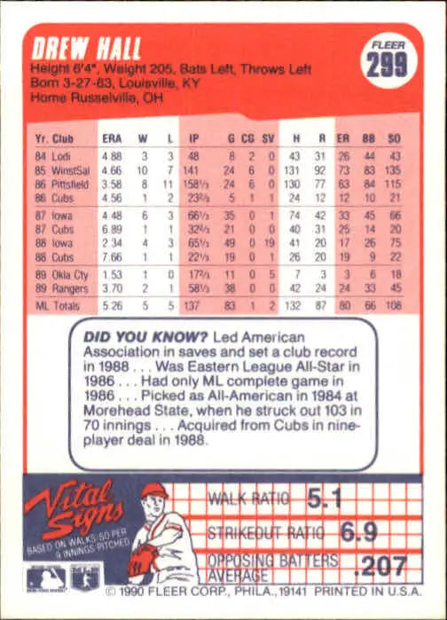 1990 Drew Hall Fleer Baseball Card #299 - Baseball Card Single