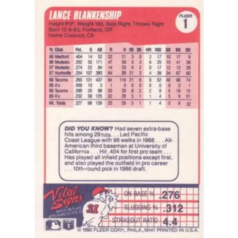 1990 Fleer #1 Lance Blankenship NM-MT Oakland Athletics Baseball Card - Baseball Card Single