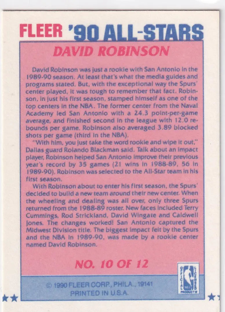 1990 FLEER #10 DAVID ROBINSON ALL STAR- SAN ANTONIO SPURS - Basketball Card Single