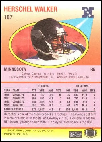 Vintage 1990 Fleer Herschel Walker football card with career stats, original gloss