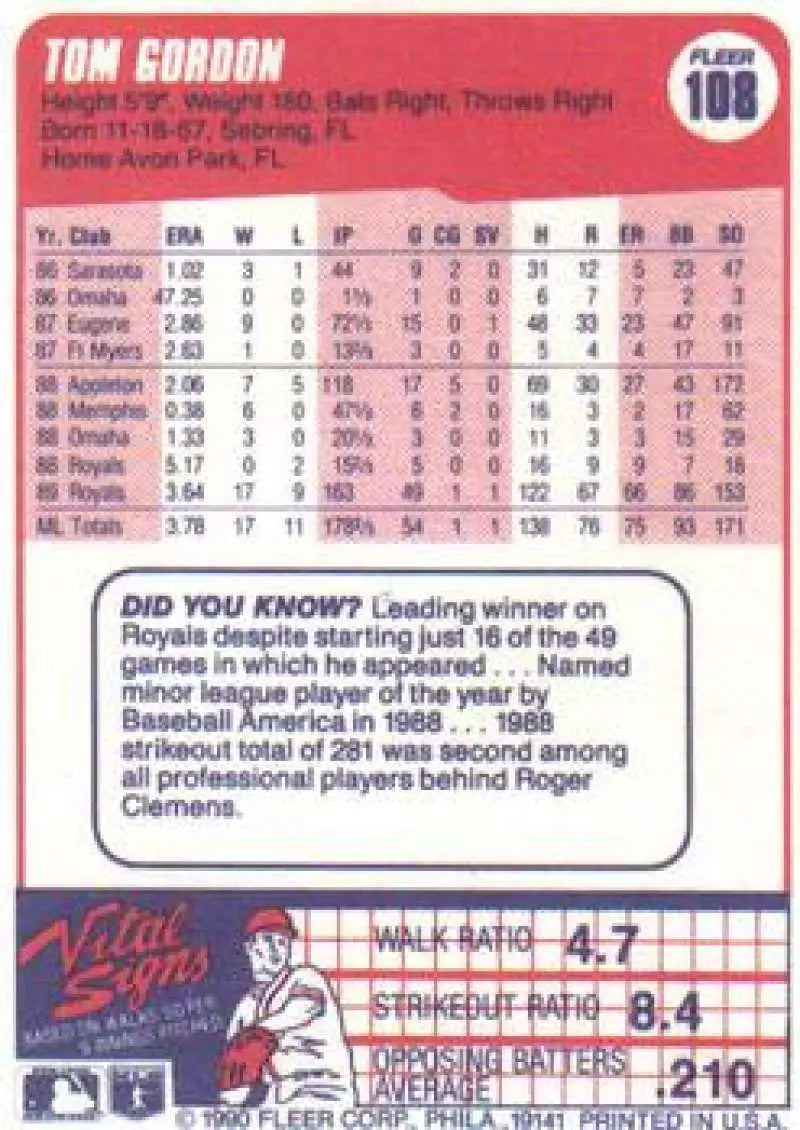 1990 Fleer #108 Tom Gordon NM-MT Kansas City Royals Baseball Card - Baseball Card Single