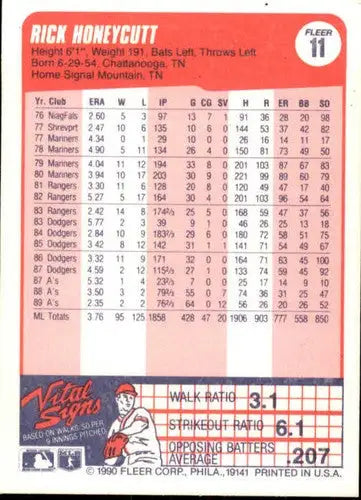 1990 Fleer #11 Rick Honeycutt NM-MT Athletics ID:12758 - Baseball Card Single