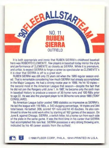 1990 Fleer #11 Ruben Sierra Texas Rangers Baseball Cards EX/NM ID:62775 - Baseball Card Single