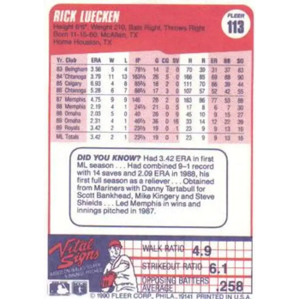 1990 Fleer #113 Rick Luecken NM-MT RC Rookie Kansas City Royals Baseball Card - Baseball Card Single