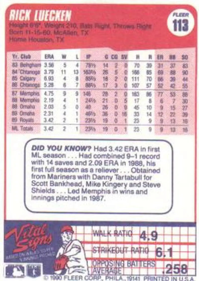 1990 Fleer #113 Rick Luecken NM-MT RC Rookie Kansas City Royals Baseball Card - Baseball Card Single