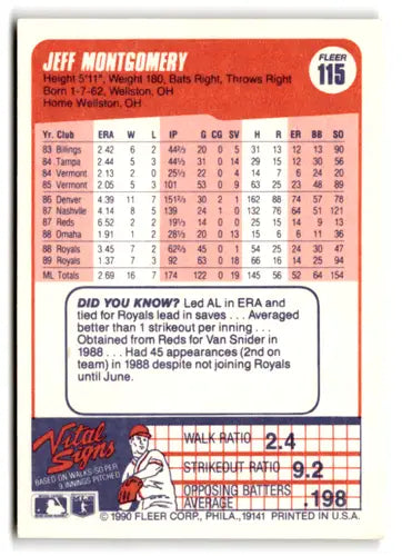 1990 Fleer #115 Jeff Montgomery NM Near Mint Royals ID:72539 - Baseball Card Single