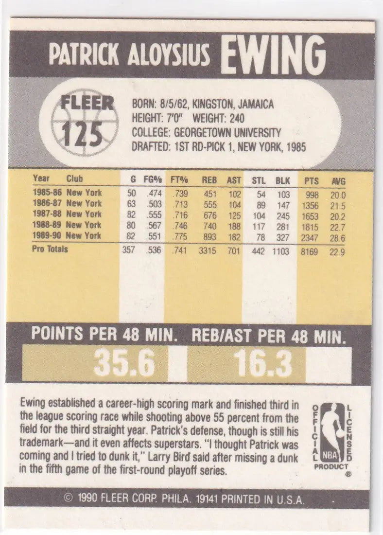 1990 FLEER #125 PATRICK EWING- NEW YORK KNICKS - Basketball Card Single