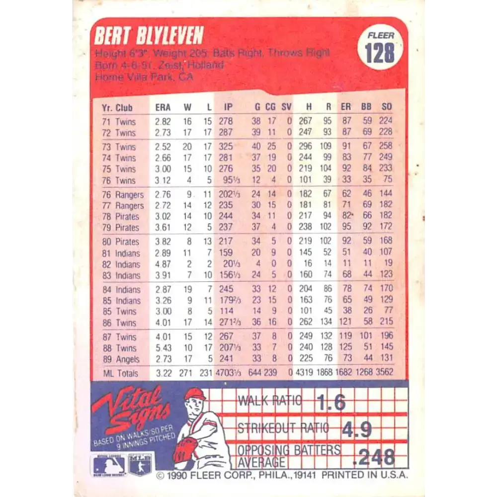1990 Fleer #128 Bert Blyleven NM-MT California Angels Baseball Card - Baseball Card Single