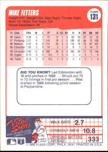 1990 Fleer #131 Mike Fetters NM-MT RC Rookie Angels ID:12505 - Baseball Card Single