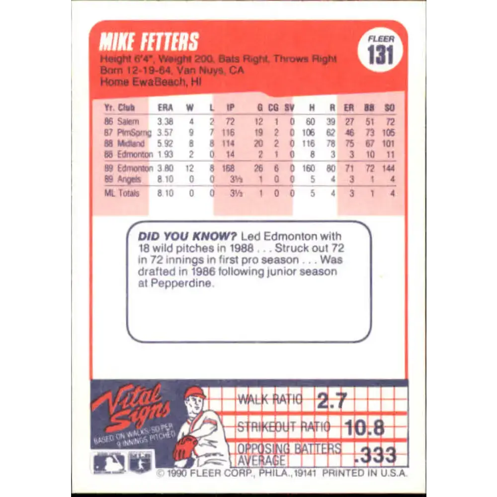 1990 Fleer #131 Mike Fetters NM-MT RC Rookie California Angels Baseball Card - Baseball Card Single