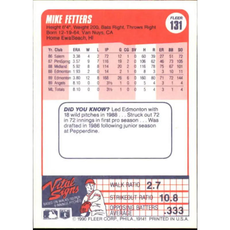 1990 Fleer #131 Mike Fetters NM-MT RC Rookie California Angels Baseball Card - Baseball Card Single