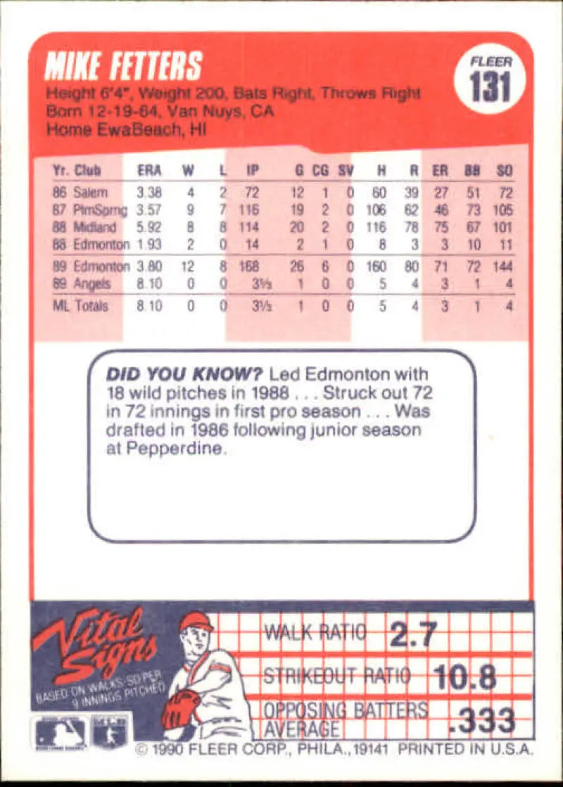 1990 Fleer #131 Mike Fetters NM-MT RC Rookie California Angels Baseball Card - Baseball Card Single