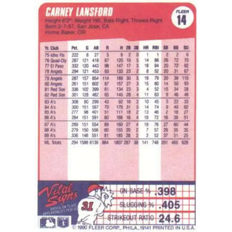 1990 Fleer #14 Carney Lansford NM-MT Oakland Athletics Baseball Card - Baseball Card Single
