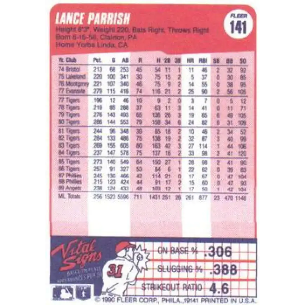 1990 Fleer #141 Lance Parrish NM-MT California Angels Baseball Card - Baseball Card Single