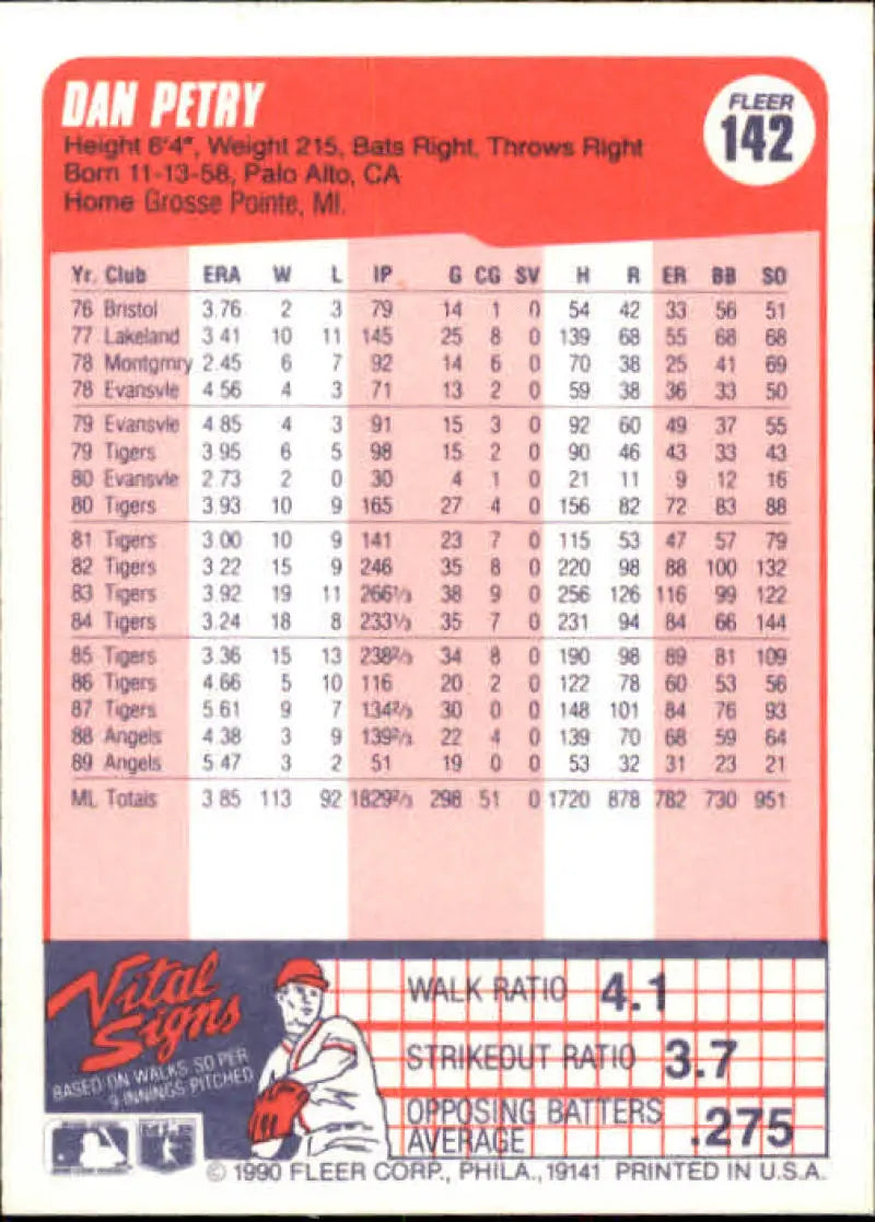 1990 Fleer #142 Dan Petry NM-MT California Angels Baseball Card - Baseball Card Single