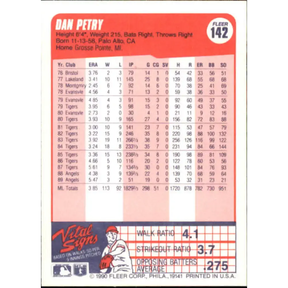 1990 Fleer #142 Dan Petry NM-MT California Angels Baseball Card - Baseball Card Single